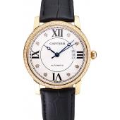 Cheap Swiss Cartier Ronde Solo White Dial Gold Diamond Case Black Leather Strap