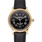 Swiss Cartier Rotonde Annual Calendar Black Dial Diamond Bezel Gold Case Black Leather Strap