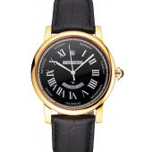 Cheap Swiss Cartier Rotonde Annual Calendar Black Dial Gold Case Black Leather Strap