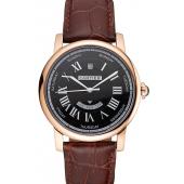 Swiss Cartier Rotonde Annual Calendar Black Dial Rose Gold Case Brown Leather Strap