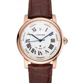 Swiss Cartier Rotonde Annual Calendar White Dial Rose Gold Case Brown Leather Strap