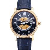 Swiss Cartier Rotonde Small Complication Blue Dial Gold Diamond Case Blue Leather Strap