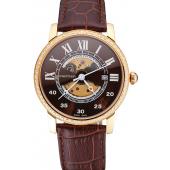 Swiss Cartier Rotonde Small Complication Brown Dial Gold Diamond Case Brown Leather Strap Replica