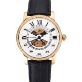 Swiss Cartier Rotonde Small Complication White Dial Gold Diamond Case Black Leather Strap