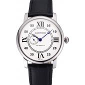 Cheap Swiss Cartier Rotonde Solo White Dial Silver Case Black Leather Strap