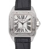 Swiss Cartier Santos Dumont Diamond Case White Dial Roman Numerals Black Leather Bracelet    622652