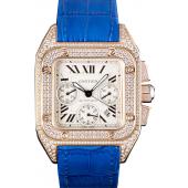 Swiss Cartier Santos Rose Gold Bezel with Diamonds and Blue Leather Strap  621529