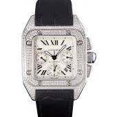 Replica Swiss Cartier Santos Silver Bezel with Diamonds and Black Leather Strap sct44  621528