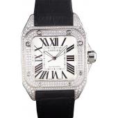 Swiss Cartier Santos Silver Bezel with Diamonds and Black Leather Strap sct47  621531