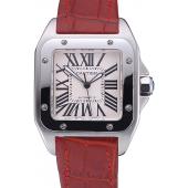 Swiss Cartier Santos White Dial Stainless Steel Case Red Leather Bracelet  622551