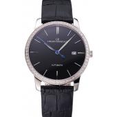 Swiss Girard-Perregaux 1966 Black Dial Silver Diamond Case Black Leather Strap