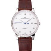 Cheap Swiss Girard-Perregaux 1966 White Dial Silver Diamond Case Brown Leather Strap