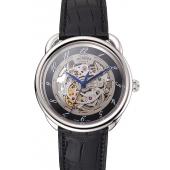 Replica Swiss Hermes Arceau Skeleton Black Dial Blue Hands Stainless Steel Case Black Leather Strap