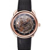 Replica Swiss Hermes Arceau Skeleton Black Dial Brown Hands Rose Gold Case Black Leather Strap