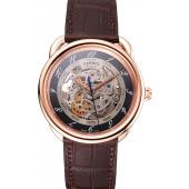 Cheap Swiss Hermes Arceau Skeleton Black Dial Brown Hands Rose Gold Case Brown Leather Strap