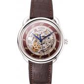 Swiss Hermes Arceau Skeleton Brown Dial Blue Hands Stainless Steel Case Brown Leather Strap Replica