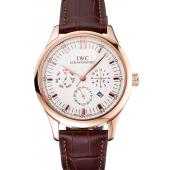 Swiss IWC Portugieser Perpetual Calendar White Dial Rose Gold Case Brown Leather Strap