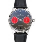 Swiss IWC Portuguese Grey Dial Red Subdials Silver Case Black Leather Bracelet 1453905