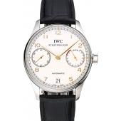 Swiss IWC Portuguese White Dial Gold Numerals Silver Case Black Leather Bracelet 1453908