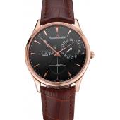 Swiss Jaeger LeCoultre Master Ultra Thin Reserve De Marche Black Dial Rose Gold Case Brown Leather Strap