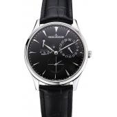 Swiss Jaeger LeCoultre Master Ultra Thin Reserve De Marche Black Dial Stainless Steel Case Black Leather Strap