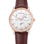 Swiss Jaeger LeCoultre Master Ultra Thin Reserve De Marche Silver Dial Diamond Bezel Rose Gold Case Brown Leather Strap