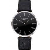 Swiss Longines Grande Classique Black Dial Roman Numerals Stainless Steel Case Black Leather Strap