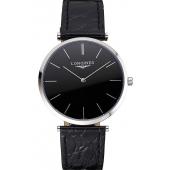 Replica Swiss Longines Grande Classique Black Dial Stainless Steel Case Black Leather Strap