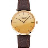 Swiss Longines Grande Classique Gold Dial Gold Case Brown Leather Strap