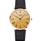 Swiss Longines Grande Classique Gold Dial Roman Numerals Gold Case Black Leather Strap