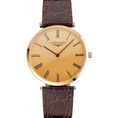 Cheap Swiss Longines Grande Classique Gold Dial Roman Numerals Gold Case Brown Leather Strap