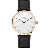 Cheap Swiss Longines Grande Classique White Dial Gold Case Black Leather Strap