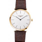 Swiss Longines Grande Classique White Dial Gold Case Brown Leather Strap