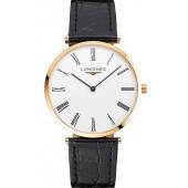 Swiss Longines Grande Classique White Dial Roman Numerals Gold Case Black Leather Strap