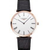 Swiss Longines Grande Classique White Dial Roman Numerals Rose Gold Case Black Leather Strap Replica