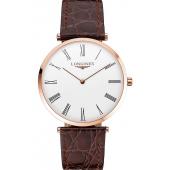 Swiss Longines Grande Classique White Dial Roman Numerals Rose Gold Case Brown Leather Strap