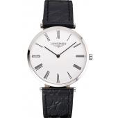 Swiss Longines Grande Classique White Dial Roman Numerals Stainless Steel Case Black Leather Strap