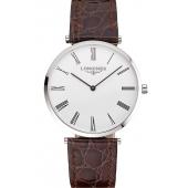 Swiss Longines Grande Classique White Dial Roman Numerals Stainless Steel Case Brown Leather Strap