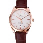 Swiss Omega DeVille Tresor White Dial Gold Case Brown Leather Strap  622846