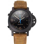 Swiss Panerai Luminor Ceramica Flyback Chronograph Black Dial Black Case Brown Leather Strap Replica