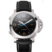 Swiss Panerai Luminor Flyback Chronograph Black Dial Stainless Steel Case Black Leather Strap