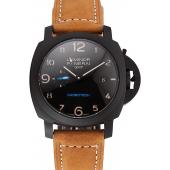 Replica Swiss Panerai Luminor GMT Carbotech Black Dial Black Case Brown Leather Strap