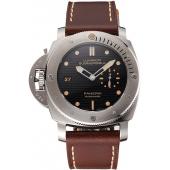 Replica Swiss Panerai Submersible Left Handed Black Embossed Case Stainless Steel Case Brown Leather Strap