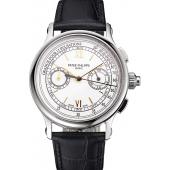 Swiss Patek Philippe 5170J Chronograph White Dial Gold Hands Stainless Steel Case Black Leather Strap