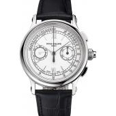 Replica Swiss Patek Philippe 5170J Chronograph White Dial Stainless Steel Case Black Leather Strap