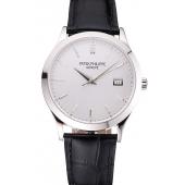 Swiss Patek Philippe Calatrava Silver Dial Stainless Steel Case Black Leather Strap