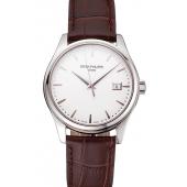 Swiss Patek Philippe Calatrava White Dial Stainless Steel Case Brown Leather Strap