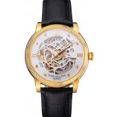 Swiss Patek Philippe Complications Openworked Dial Gold Case Fluted Bezel Black Leather Strap