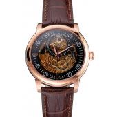 Swiss Patek Philippe Complications Openworked Dial Rose Gold Case Brown Leather Strap