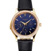 Replica Swiss Patek Philippe Grand Complications Perpetual Calendar Blue Dial Gold Case Diamond Bezel Black Leather Strap